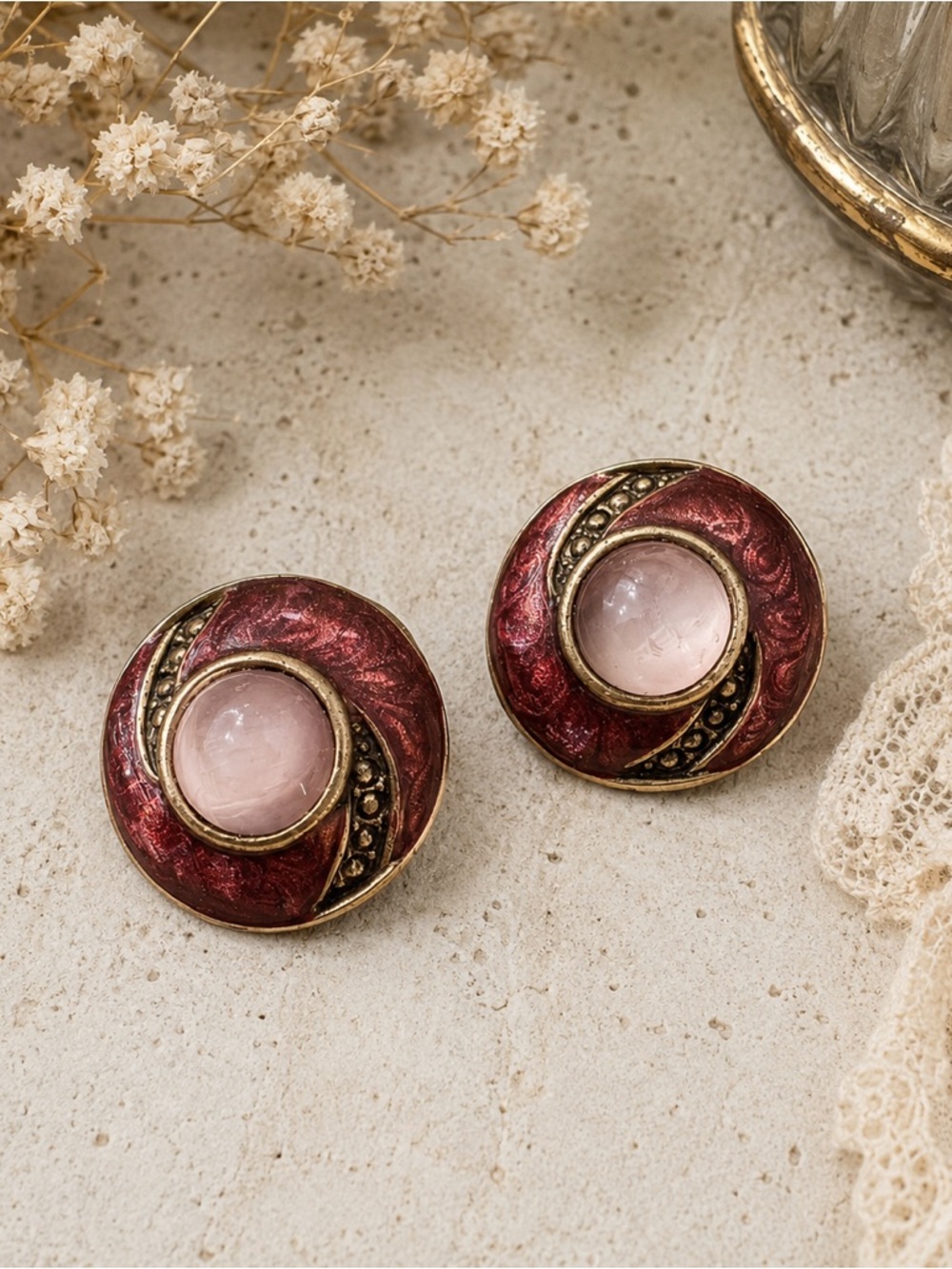 Vintage Gold Tone Pink Enamel Statement Earrings with Pink Cabochons